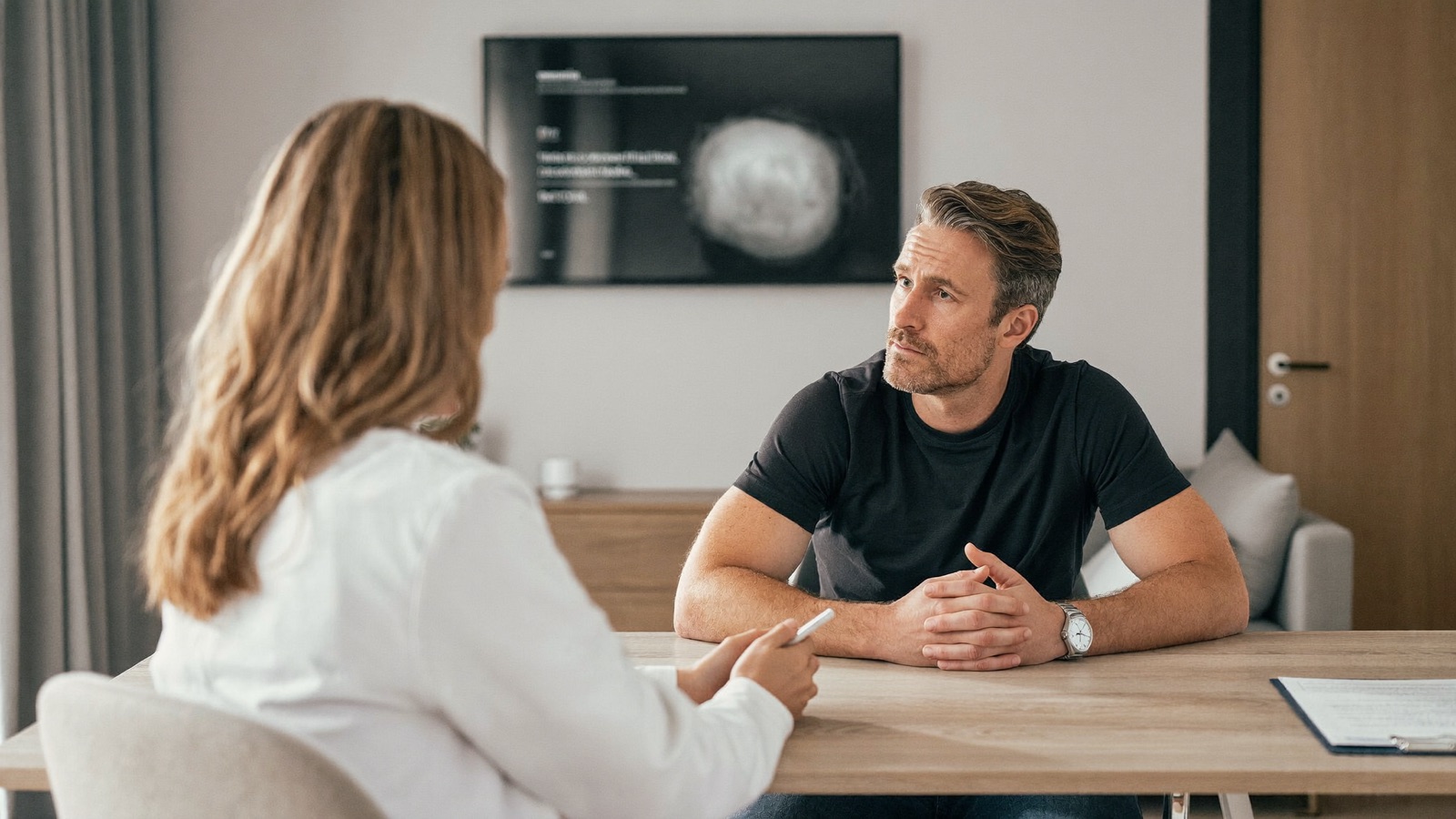 Man seated at a consultation table listening thoughtfully as a clinician talks through his options