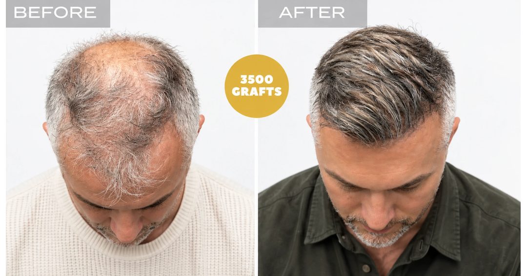 Toronto hair transplant before and after: crown and top-of-scalp density restoration with 3,500 FUE grafts, Nova Medical Toronto