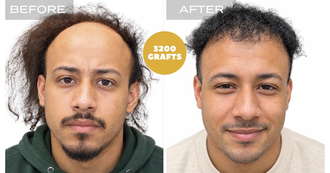 Toronto hair transplant before and after: curly hair hairline rebuilt with 3,200 FUE grafts, front view, Nova Medical Toronto