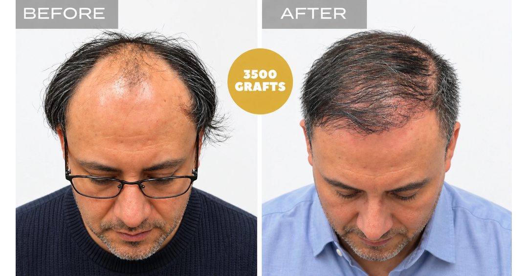 Toronto hair transplant before and after: frontal and mid-scalp restoration for advanced thinning with 3,500 FUE grafts, Nova Medical Toronto