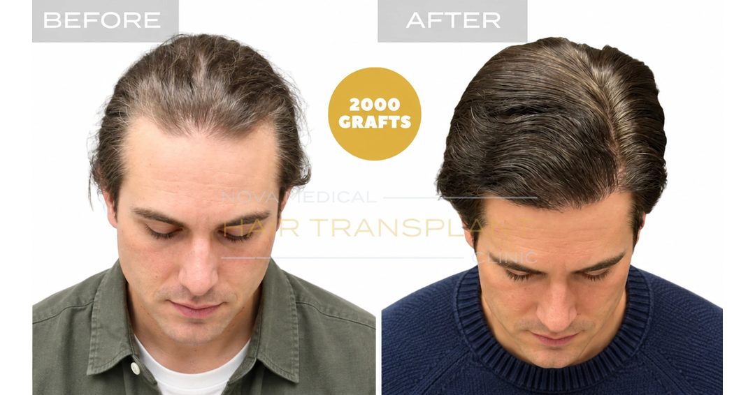 Toronto hair transplant before and after: hairline and frontal density restoration with 2,000 FUE grafts, Nova Medical Toronto