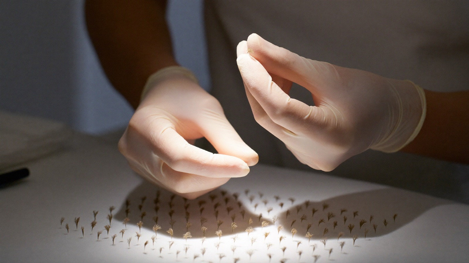 Gloved hands sorting rows of tiny follicular grafts under a bright focused light