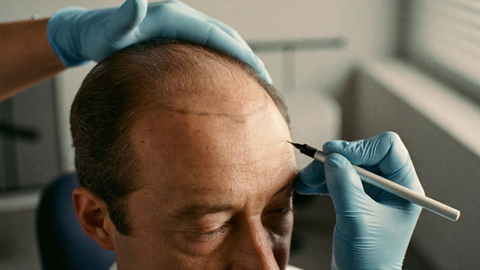 Clinician in surgical gloves marking a planned hairline on a man's forehead with a pen