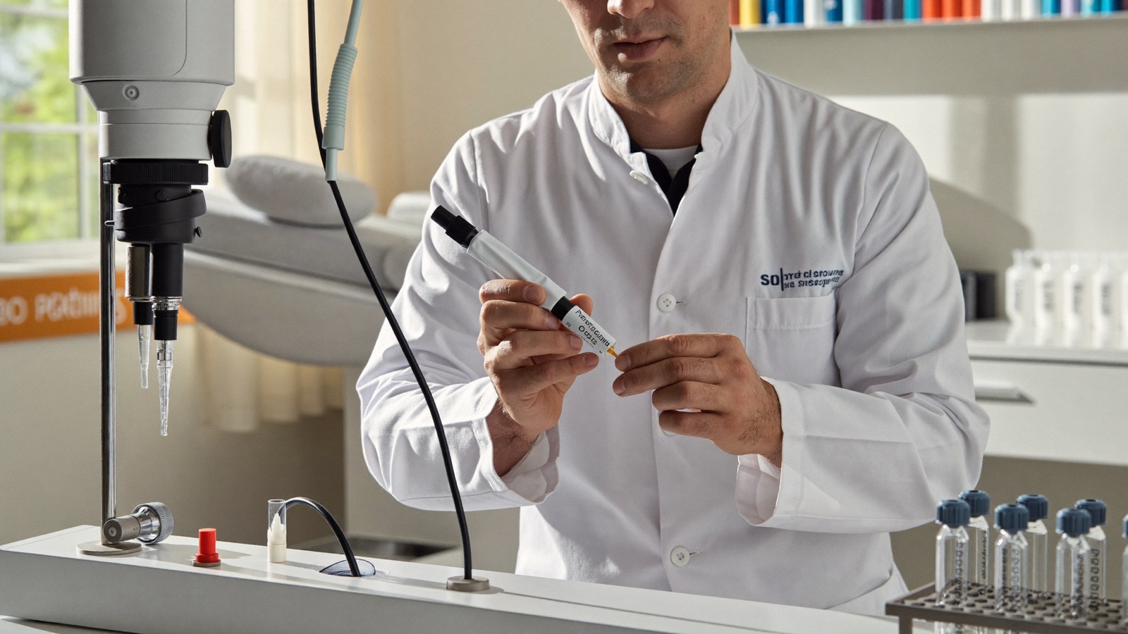 Clinician in a white coat preparing a treatment at a clinic workstation with a centrifuge and clear sample tubes