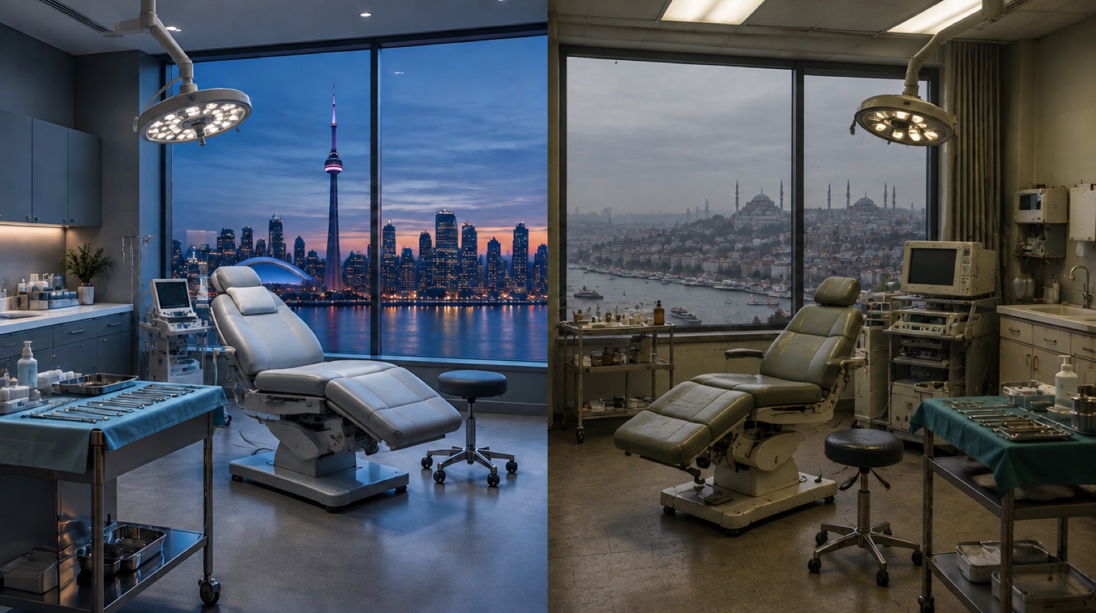 Split image comparing two clinic treatment rooms, one overlooking the Toronto skyline and one overlooking Istanbul