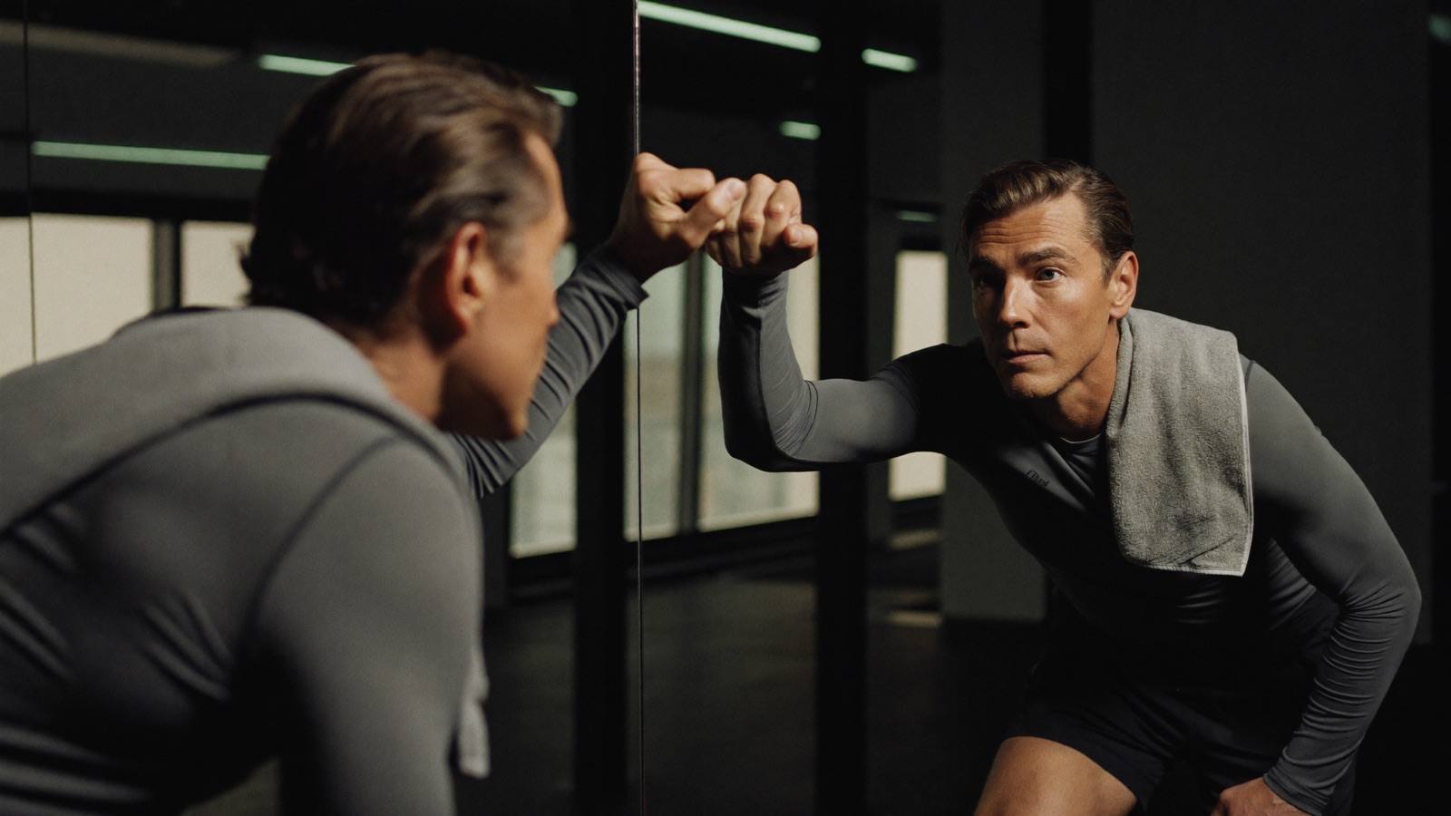 Man in training gear resting against a mirrored gym wall with a towel over his shoulder